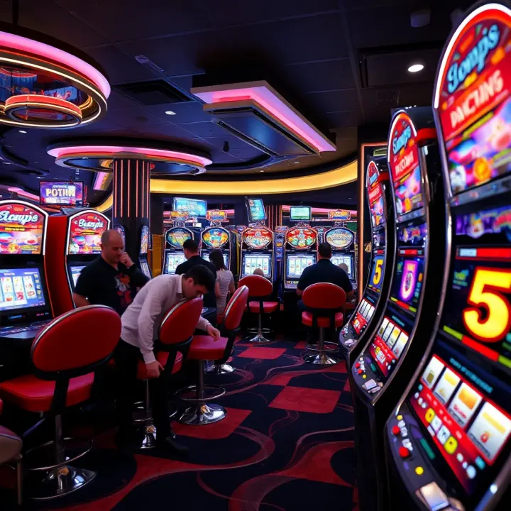 A view of a lively Australian casino floor with various live pokies machines and players engaged