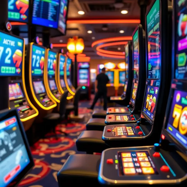 A modern live pokies setup showing digital screens and interactive controls in a casino environment