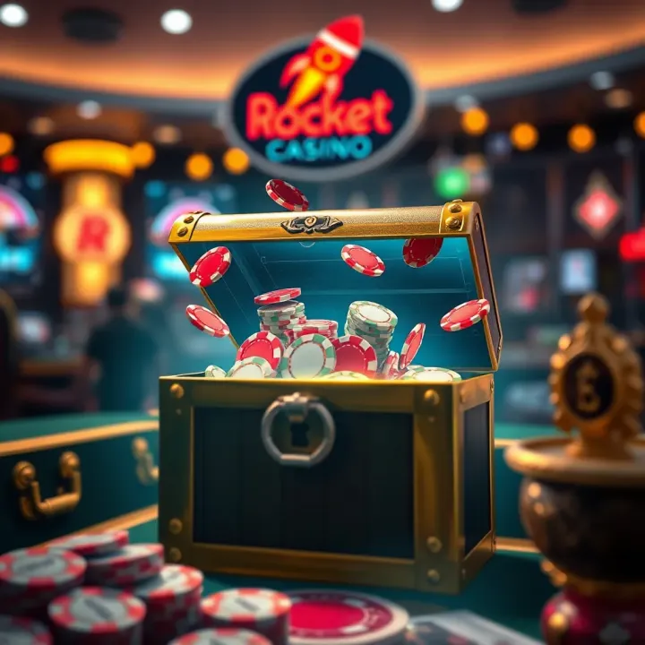 Animated graphic illustrating the unlocking of a treasure chest with casino chips and bonus tokens emerging
